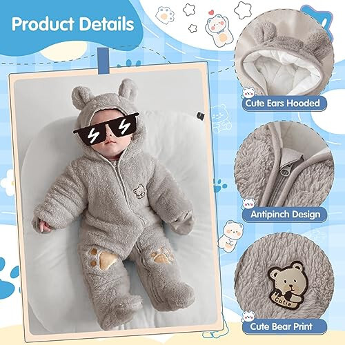 Fairy Baby Newborn Baby Snowsuit Bear Onesie Footie Romper Winter Thick Fleece Jumpsuit Infant Coat for Girls Boys 0-12M - 2