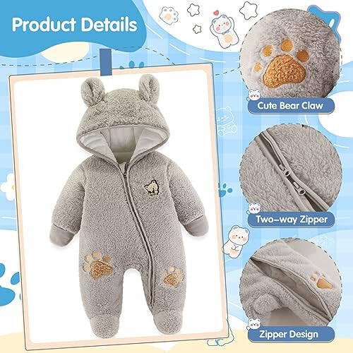 Fairy Baby Newborn Baby Snowsuit Bear Onesie Footie Romper Winter Thick Fleece Jumpsuit Infant Coat for Girls Boys 0-12M - 3