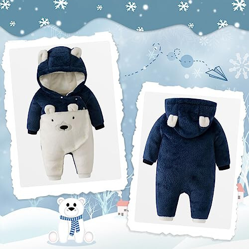 Fairy Baby Newborn Baby Snowsuit Bear Onesie Romper Winter Warm Coat Infant Fleece Footie Jumpsuit for Girls Boys 0-18M - 2