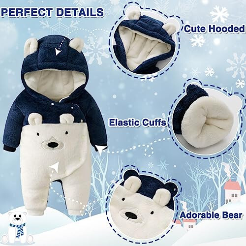 Fairy Baby Newborn Baby Snowsuit Bear Onesie Romper Winter Warm Coat Infant Fleece Footie Jumpsuit for Girls Boys 0-18M - 3