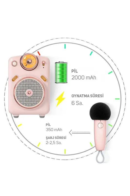 Fairy-ok Pembe Karaoke Mikrofonlu Fm Radyolu Bluetooth Hoparlör-Pembe - 7