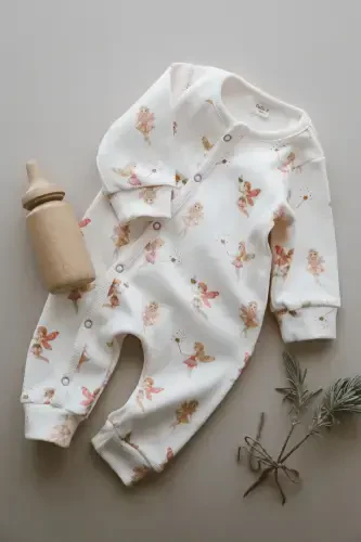 Fairy Tale Patterned Organic Ribbed Baby Jumpsuit-Pink - 4