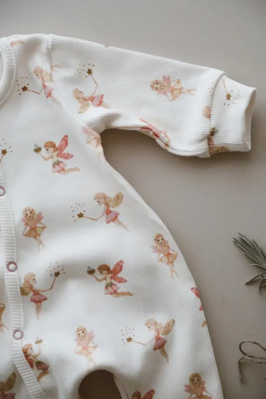 Fairy Tale Patterned Organic Ribbed Baby Jumpsuit-Pink - 6