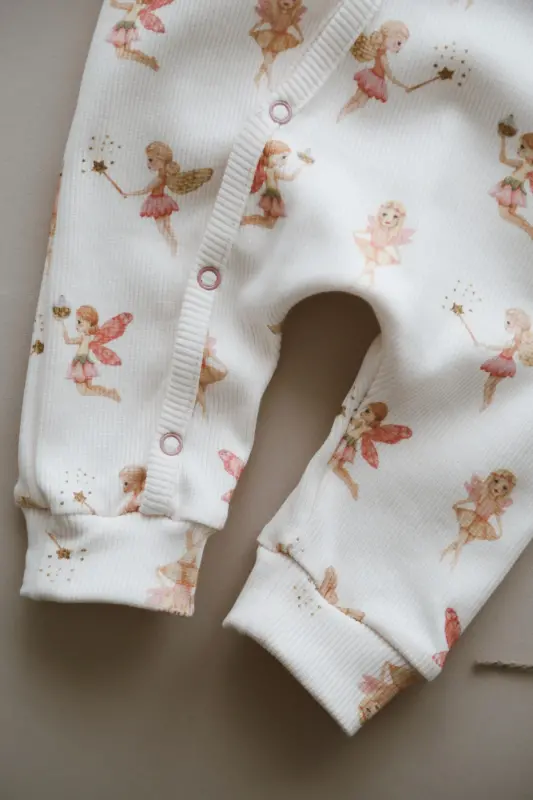 Fairy Tale Patterned Organic Ribbed Baby Jumpsuit-Pink - 7