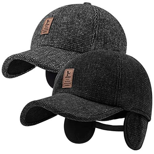 Falidem 2 Pack Men's Winter Baseball Cap with Ear Flaps, Baseball Winter Hats with Ear Flaps for Men Outdoor Walk Running - 1