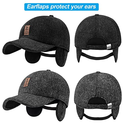 Falidem 2 Pack Men's Winter Baseball Cap with Ear Flaps, Baseball Winter Hats with Ear Flaps for Men Outdoor Walk Running - 2