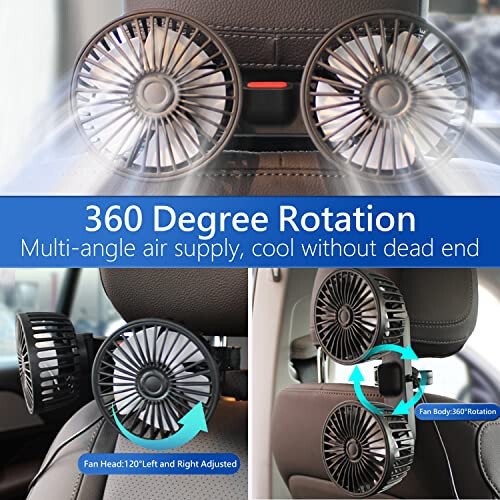 Fan for Car Backseat, USB Car Fan with Dual Heads, 3 Speed Strong Wind Car Cooling Fan Rear Seat Air Circulation Fan with 360 Degree Adjustable Clip for All Vehicles(Compatible with 12V/24 Cars) - 5