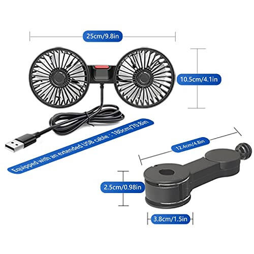 Fan for Car Backseat, USB Car Fan with Dual Heads, 3 Speed Strong Wind Car Cooling Fan Rear Seat Air Circulation Fan with 360 Degree Adjustable Clip for All Vehicles(Compatible with 12V/24 Cars) - 7