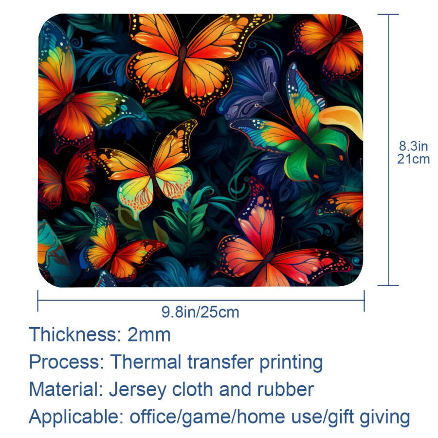 Fancy Colored Butterfly Mouse Pad with Non-Slip Rubber Base. Ideal for computer gaming, office, school or home use. 8.3'' x 9.8'' size. - 9