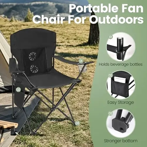 2 Pack Camping Chairs with Fan, Lightweight Camp Chair 300LBS Portable Foldable Chairs for Adults & Teens, Compact with Carry Bag for Camping, Beach, Picnics, Outdoor - 5