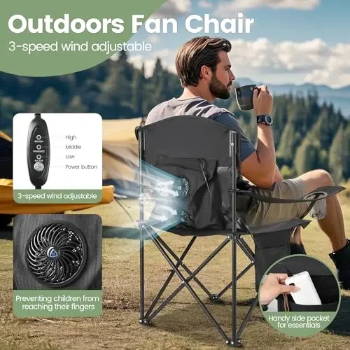 2 Pack Camping Chairs with Fan, Lightweight Camp Chair 300LBS Portable Foldable Chairs for Adults & Teens, Compact with Carry Bag for Camping, Beach, Picnics, Outdoor - 3