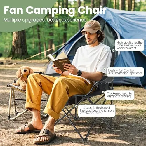 2 Pack Camping Chairs with Fan, Lightweight Camp Chair 300LBS Portable Foldable Chairs for Adults & Teens, Compact with Carry Bag for Camping, Beach, Picnics, Outdoor - 4