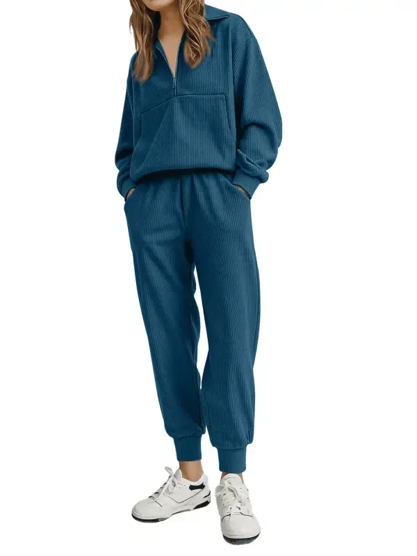 Fantaslook Ayollar 2 qismli liboslar uzun yengli yarim fermuarli sport kostyumlari cho'ntaklar bilan Pulover dam olish kostyumi to'plami- - 5