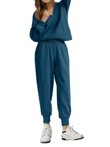 Fantaslook Ayollar 2 qismli liboslar uzun yengli yarim fermuarli sport kostyumlari cho'ntaklar bilan Pulover dam olish kostyumi to'plami- - 6