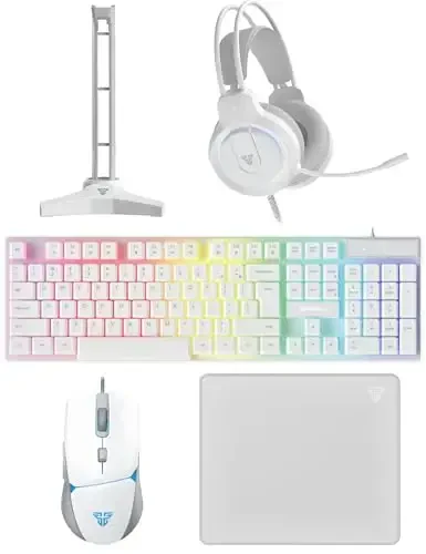 FANTECH 5 in-1 Gaming Keyboard and Mouse Combo, Rainbow LED Backlit Wired Keyboard, Headset and Headphone Stand Gaming Mouse Pad,Wired Mice, for,PC,Laptop,Xbox White - FANTECH