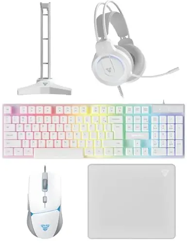 FANTECH 5 in-1 Gaming Keyboard and Mouse Combo, Rainbow LED Backlit Wired Keyboard, Headset and Headphone Stand Gaming Mouse Pad,Wired Mice, for,PC,Laptop,Xbox White - FANTECH