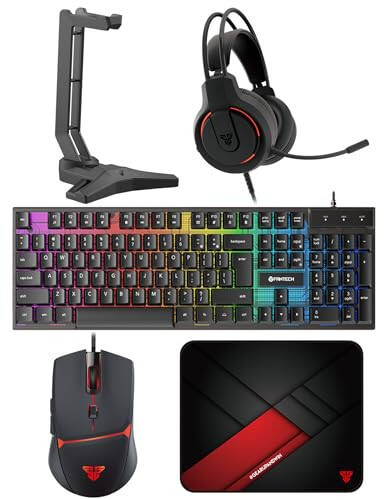 FANTECH P51S Gaming Keyboard and Mouse Combo, Gaming Headset and Headphone Stand Gaming Mouse Pad Wired RGB Rainbow Backlight PC Beginner Gamer Basic 5 in-1 Gaming Set - 1