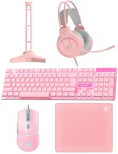 FANTECH Wired Gaming Keyboard and Mouse Set, Over-Ear Headphone and Headset Stand, Gaming Mouse Pad Wired RGB Rainbow Mice, PC Beginner Gamer Basic 5 in-1 for,PC,Laptop,Xbox Pink - FANTECH