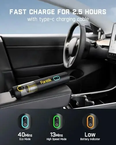 Fanttik Slim V8 APEX Car Vacuum, 4-in-1 Portable Mini Cordless Vacuum with 19000pa Suction Power, Type-C Charge, 2 Suction Modes, Handheld Vacuum for Small Jobs, Car, Office Desk, Keyboards (Black) - 3