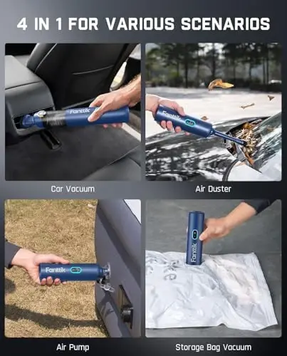 Fanttik Slim V8 APEX Car Vacuum, 4-in-1 Portable Mini Cordless Vacuum with 19000pa Suction Power, Type-C Charge, 2 Suction Modes, Handheld Vacuum for Small Jobs, Car, Office Desk, Keyboards (Blue) - FANTTIK (1)