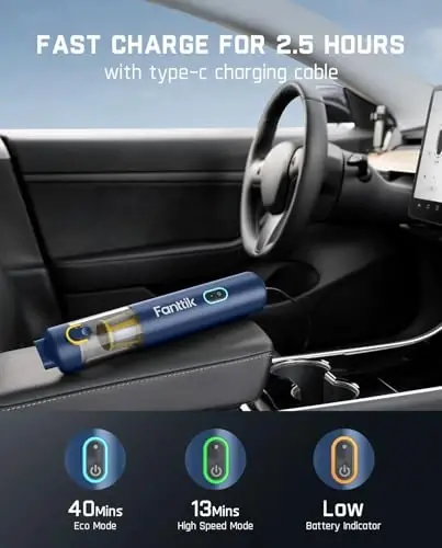 Fanttik Slim V8 APEX Car Vacuum, 4-in-1 Portable Mini Cordless Vacuum with 19000pa Suction Power, Type-C Charge, 2 Suction Modes, Handheld Vacuum for Small Jobs, Car, Office Desk, Keyboards (Blue) - 4