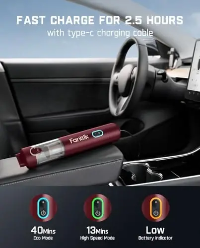 Fanttik Slim V8 APEX Car Vacuum, 4-in-1 Portable Mini Cordless Vacuum with 19000pa Suction Power, Type-C Charge, 2 Suction Modes, Handheld Vacuum for Small Jobs, Car, Office Desk, Keyboards (Red) - 4