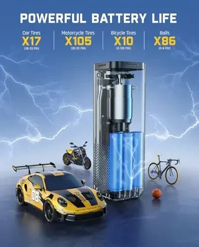 Fanttik X8 APEX Shinalar uchun Portativ Kompressor, 1 daqiqada tez shishirish, 150PSI Simsiz Shinalar Kompressori LED Ikki Ekranli, MPV, Avtomobil, Motosikl, 26.3 dyuymgacha bo'lgan Shinalar uchun mos, Deluxe Paket. - 3