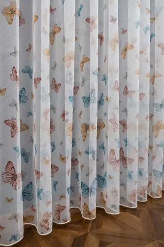 Farbateks Butterfly Butterfly Patterned Model Colorful Sparse Pleated Ironless Tulle Curtain-white butterfly - 1