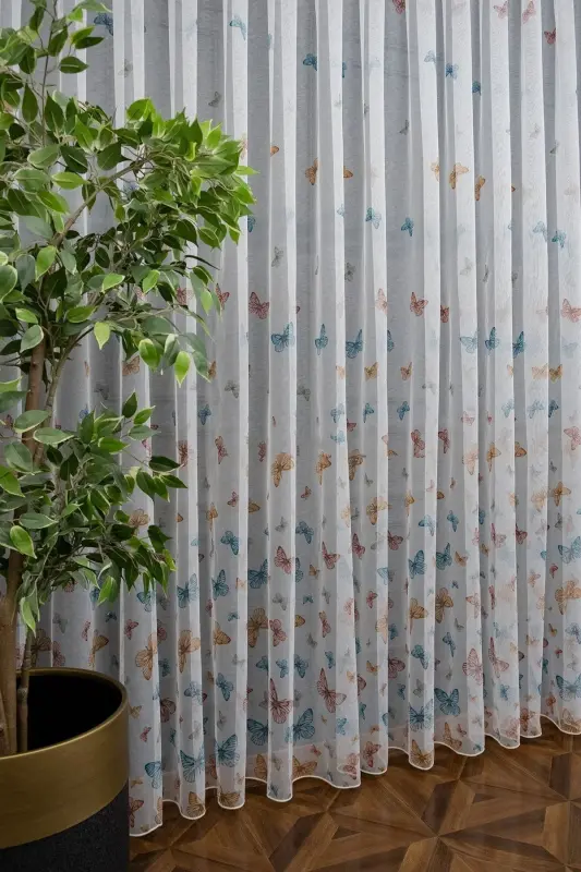 Farbateks Butterfly Butterfly Patterned Model Colorful Sparse Pleated Ironless Tulle Curtain-white butterfly - 2
