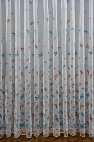 Farbateks Butterfly Butterfly Patterned Model Colorful Sparse Pleated Ironless Tulle Curtain-white butterfly - 3