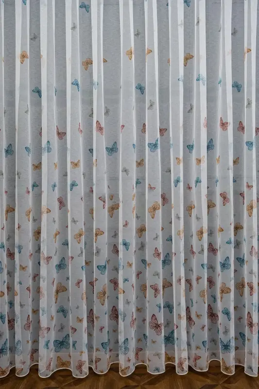 Farbateks Butterfly Butterfly Patterned Model Colorful Sparse Pleated Ironless Tulle Curtain-white butterfly - 3