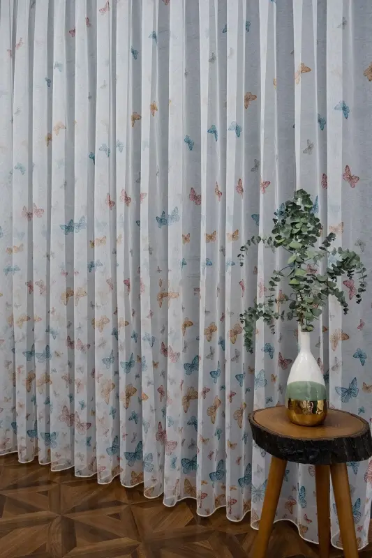 Farbateks Butterfly Butterfly Patterned Model Colorful Sparse Pleated Ironless Tulle Curtain-white butterfly - 5