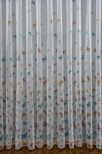 Farbateks Butterfly Kelebek Desenli Model Renkli Seyrek Pileli Ütü Istemez Tül Perde-beyaz kelebek - 3