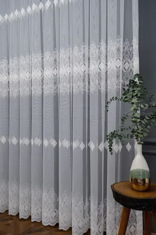 Farbateks Dikim Damask Salon Model Tasarım Tül 3kat Sık Pileli Tül Perde-Beyaz - BRILLANT