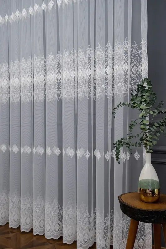 Farbateks Dikim Damask Salon Model Tasarım Tül 3kat Sık Pileli Tül Perde-Beyaz - 1