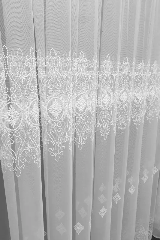 Farbateks Dikim Damask Salon Model Tasarım Tül 3kat Sık Pileli Tül Perde-Beyaz - 2