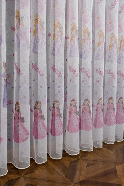 Prenses Desenli Model Renkli Kız Çocuk Odası Seyrek Pileli Ütü Istemez Tül Perde-pembe prenses - Modazone