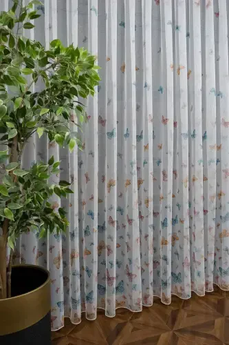Farbateks Butterfly Kelebek Desenli Model Renkli Seyrek Pileli Ütü Istemez Tül Perde-beyaz kelebek - 2