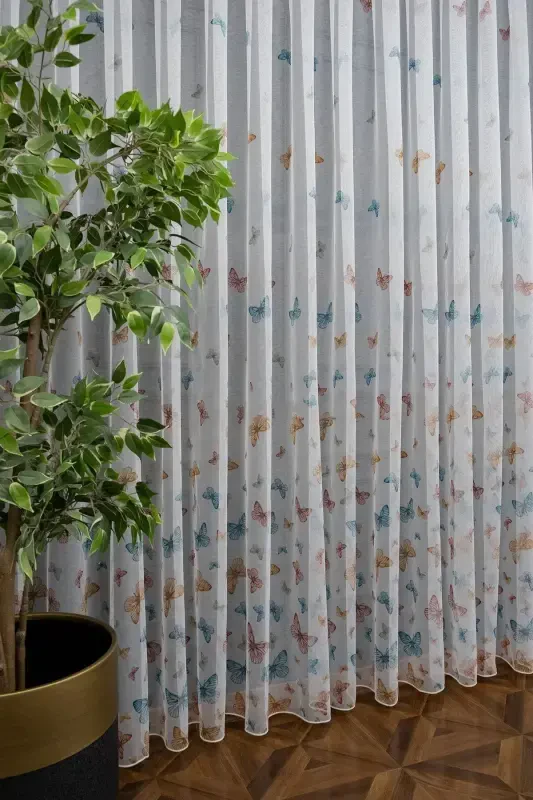 Farbateks Butterfly Kelebek Desenli Model Renkli Seyrek Pileli Ütü Istemez Tül Perde-beyaz kelebek - 2