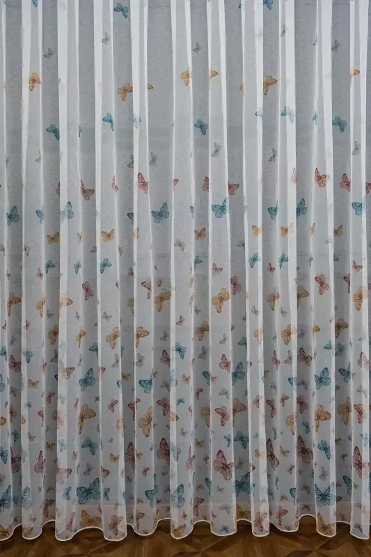 Farbateks Butterfly Kelebek Desenli Model Renkli Seyrek Pileli Ütü Istemez Tül Perde-beyaz kelebek - 3