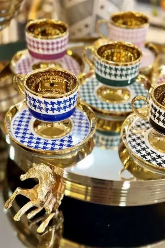 Фарфоровый кофейный набор из 6 чашек на ножках, 90 мл - Ассорти - KOSOVA