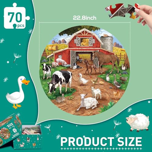 Farm Animals Round Jigsaw Puzzles, Jumbo Floor Puzzle for Kids, Large 70 Piece Barn Puzzle for Toddler Ages 3-5, Preschool Learning Educational Christmas Birthday Gift Gift for 4-8 Years Old Boy Girl - 2