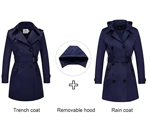 FARVALUE Women's Waterproof Trench Coat Double Breasted Windbreaker Classic Belted Lapel Overcoat with Removable Hood - 3