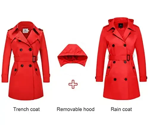 FARVALUE Women's Waterproof Trench Coat Double Breasted Windbreaker Classic Belted Lapel Overcoat with Removable Hood - 3