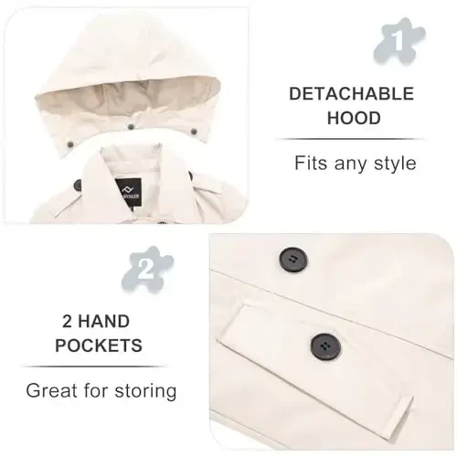 FARVALUE Women's Waterproof Trench Coat Double Breasted Windbreaker Classic Belted Lapel Overcoat with Removable Hood - 4