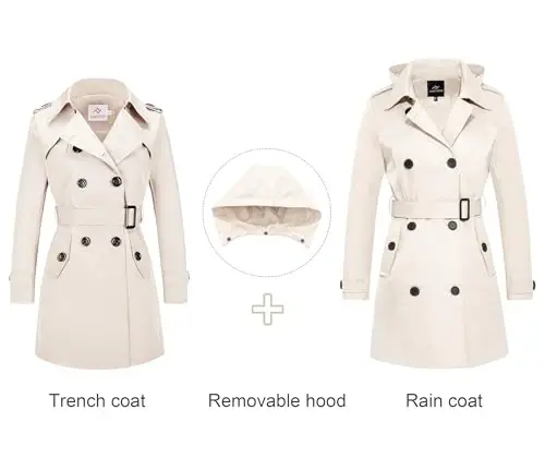 FARVALUE Women's Waterproof Trench Coat Double Breasted Windbreaker Classic Belted Lapel Overcoat with Removable Hood - 3