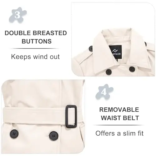 FARVALUE Women's Waterproof Trench Coat Double Breasted Windbreaker Classic Belted Lapel Overcoat with Removable Hood - 5