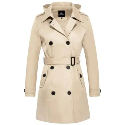 FARVALUE Women's Waterproof Trench Coat Double Breasted Windbreaker Classic Belted Lapel Overcoat with Removable Hood - 1