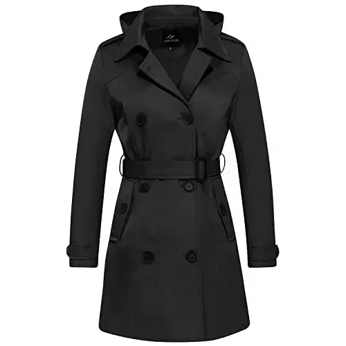 FARVALUE Women's Waterproof Trench Coat Double Breasted Windbreaker Classic Belted Lapel Overcoat with Removable Hood 