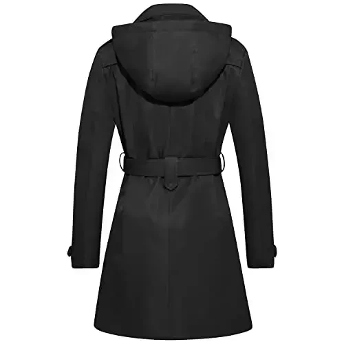 FARVALUE Women's Waterproof Trench Coat Double Breasted Windbreaker Classic Belted Lapel Overcoat with Removable Hood - 2